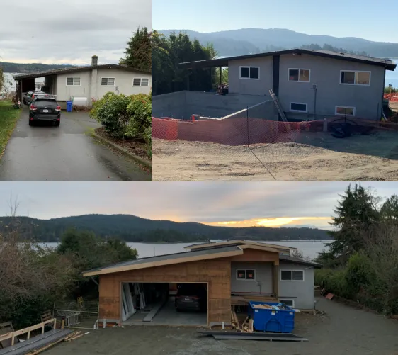A modest lake-view home rebuilt with an added upper storey and new timber carport, shown before, during and after construction