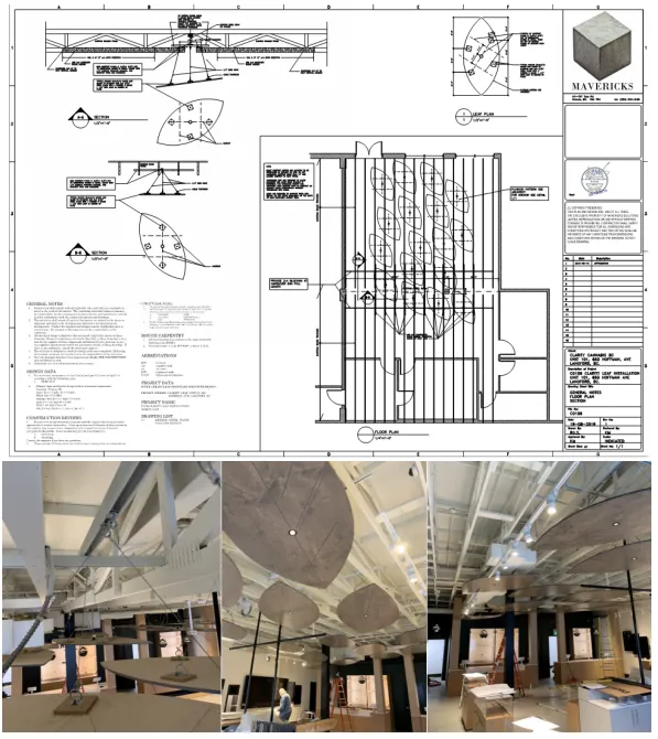 Clarity Cannabis retail tenant improvement — reflected ceiling plan and photos of a sculpted, leaf-inspired suspended ceiling installation