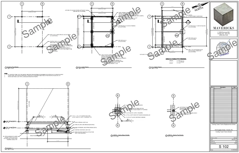 Structural drawings for a cooling tower frame replacement with spring isolation details at 730 Douglas Street, Victoria