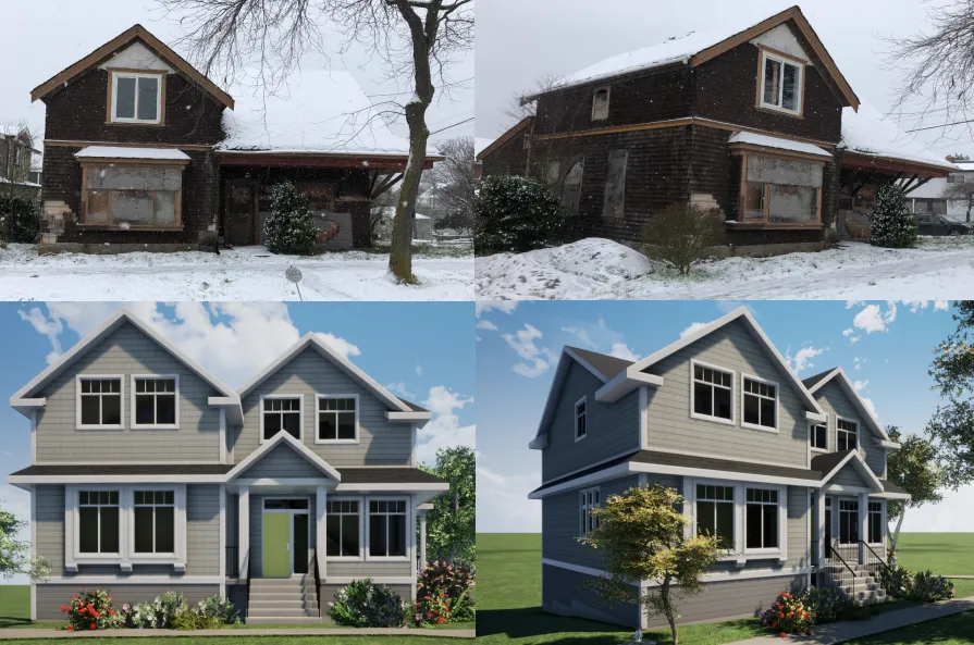 234 Edward St, Vic West — heritage home before renovation (boarded-up character home in snow) and after, restored as a two-storey craftsman with blue cedar shingle siding