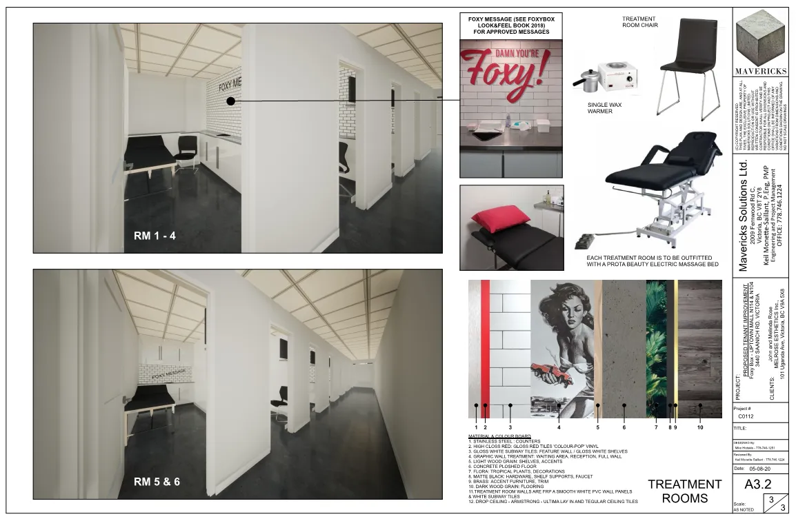 Foxy Box wax and beauty bar tenant improvement — renderings of treatment-room corridors with material and colour board
