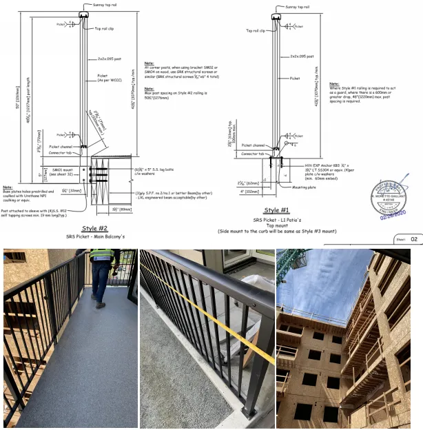 Engineered picket guard-rail details for mid-rise balconies and patios with installation photos