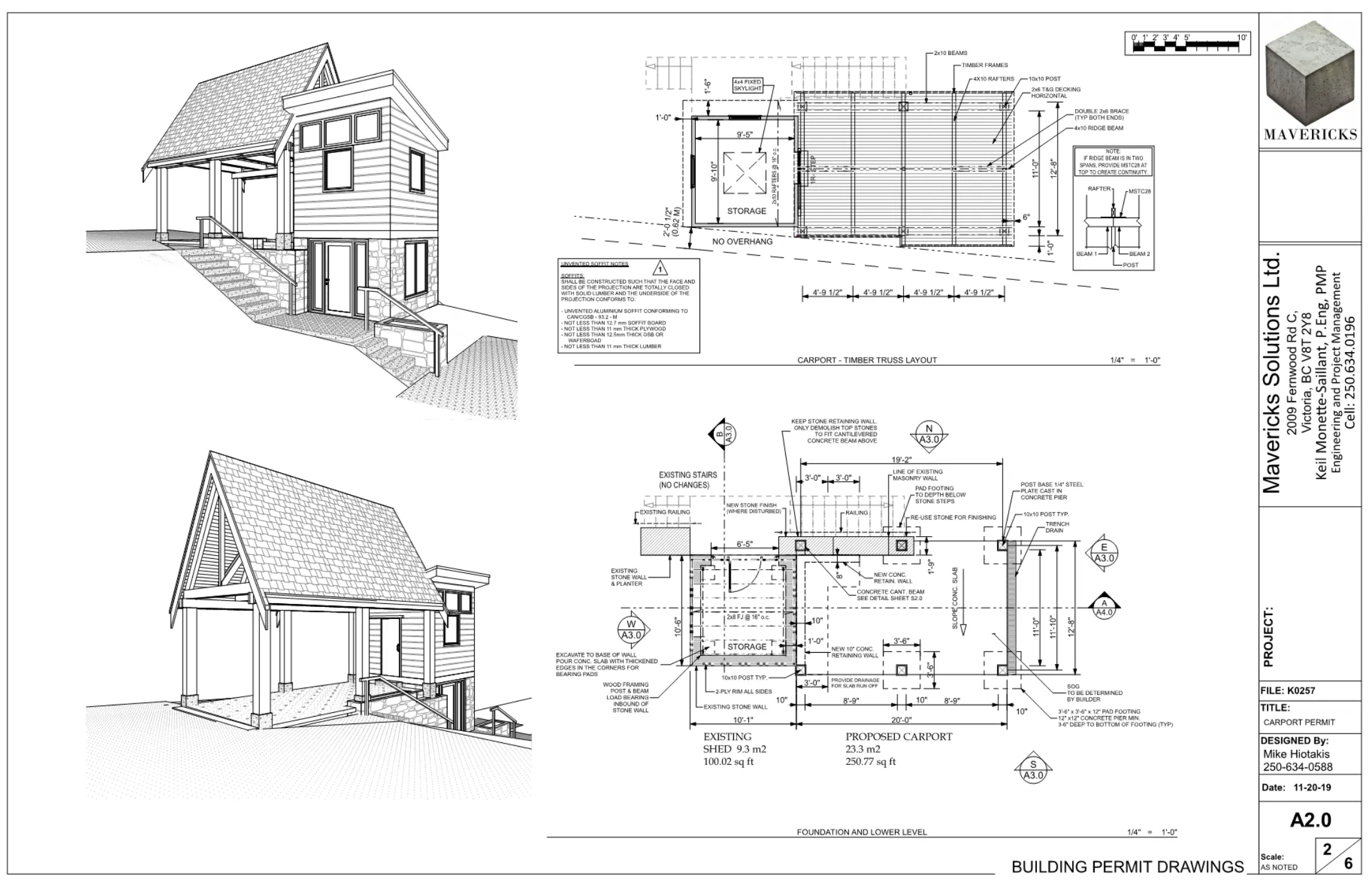 Mavericks permit drawings for a timber-frame carport with storage on a sloped lot