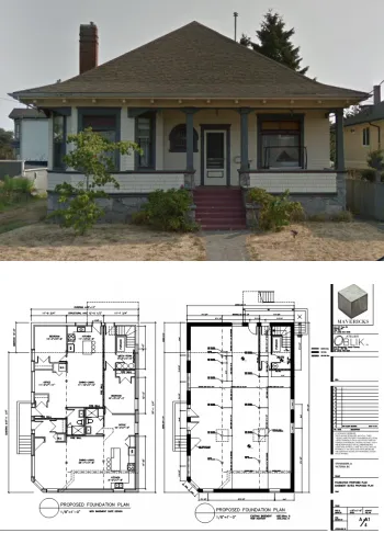 576 Niagara St, James Bay — centennial hip-roof bungalow above proposed foundation plans for a multi-unit conversion