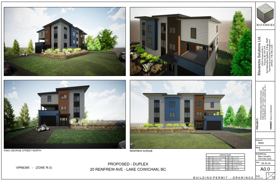 20 Renfrew Ave, Lake Cowichan — renderings of a proposed modern three-storey duplex with mixed wood and panel cladding