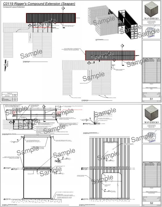Structural layout drawings for a rigger's compound extension at Seaspan, built from Seacan modules