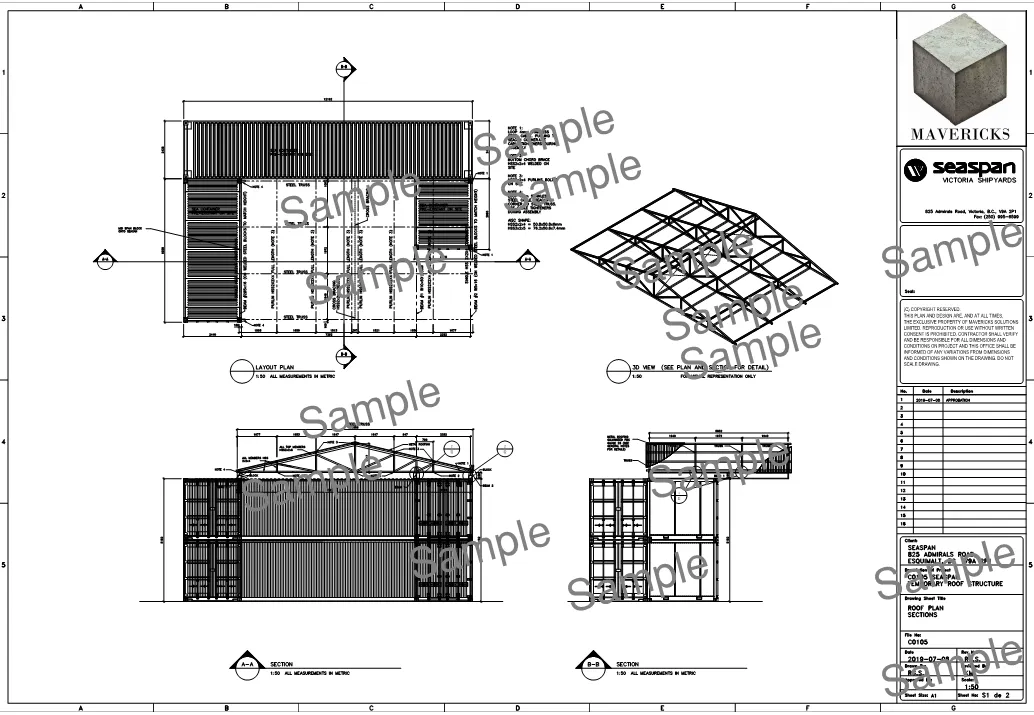 Structural drawings — roof plan, sections and 3D framing view for a film-drum roof structure at Seaspan Victoria Shipyards, Esquimalt