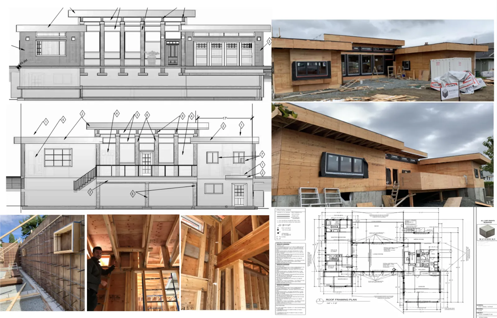 Elevation drawings of a modern home with a colonnaded front and flat roof
