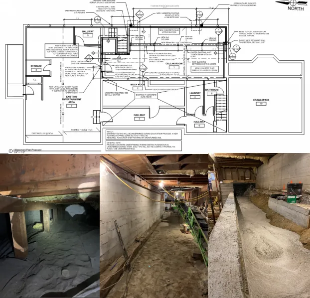 Beach Drive, Oak Bay — proposed basement plan with underpinning details and photos of a crawlspace excavated and underpinned to create a wine cellar