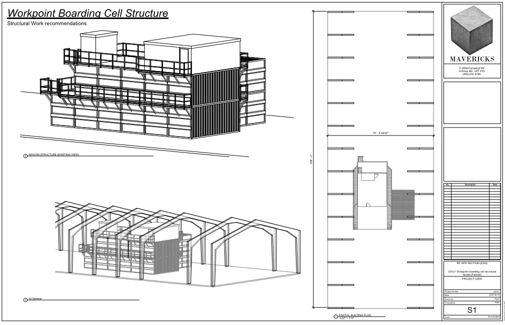 Structural review drawings and 3D views of a boarding-cell steel structure